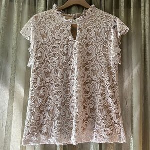 SOLD Perseption Concepts Ruffles Lace Fluttered Sleeves Antique & Tan Blouse